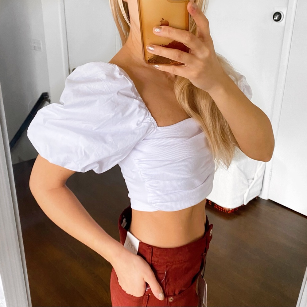 🐚 ZARA BOHO WHITE PUFF SLEEVE RUCHED CROP TOP! - Picture 2 of 11